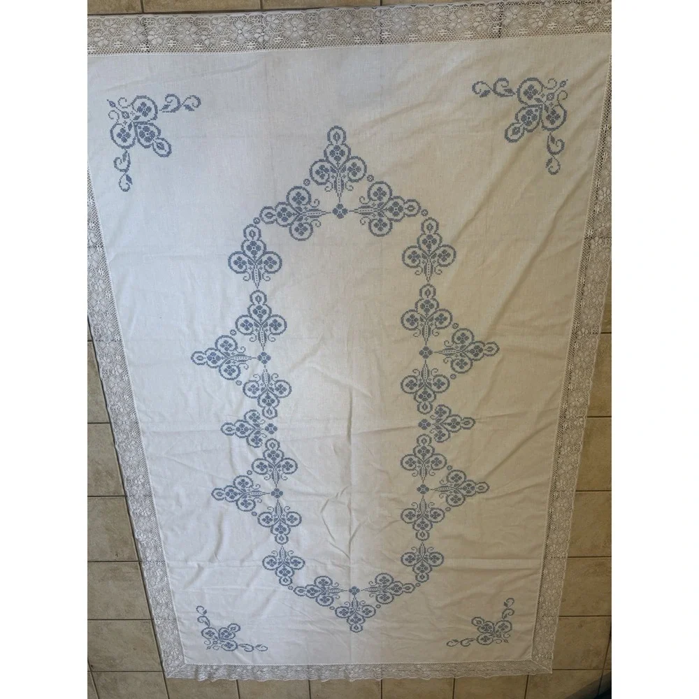 Vintage Hand Cross Stitched Linen Tablecloth White Blue Embroidery Lace 66x10